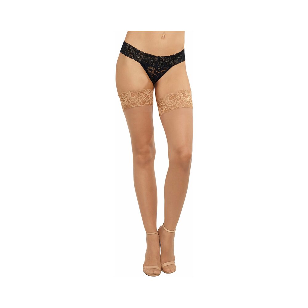 Dreamgirl Sheer Thigh-High Stockings with Silicone Lace Top Light OS<br><br>Size OS: Size 2-14, Cup B/C, Weight 90-160 lbs., Bust 32-38", Waist 24-31", Hip 34-40"